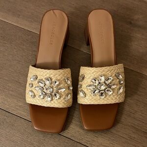 AEROSOLES Women's Cream and Brown Mules with Crystal Accents